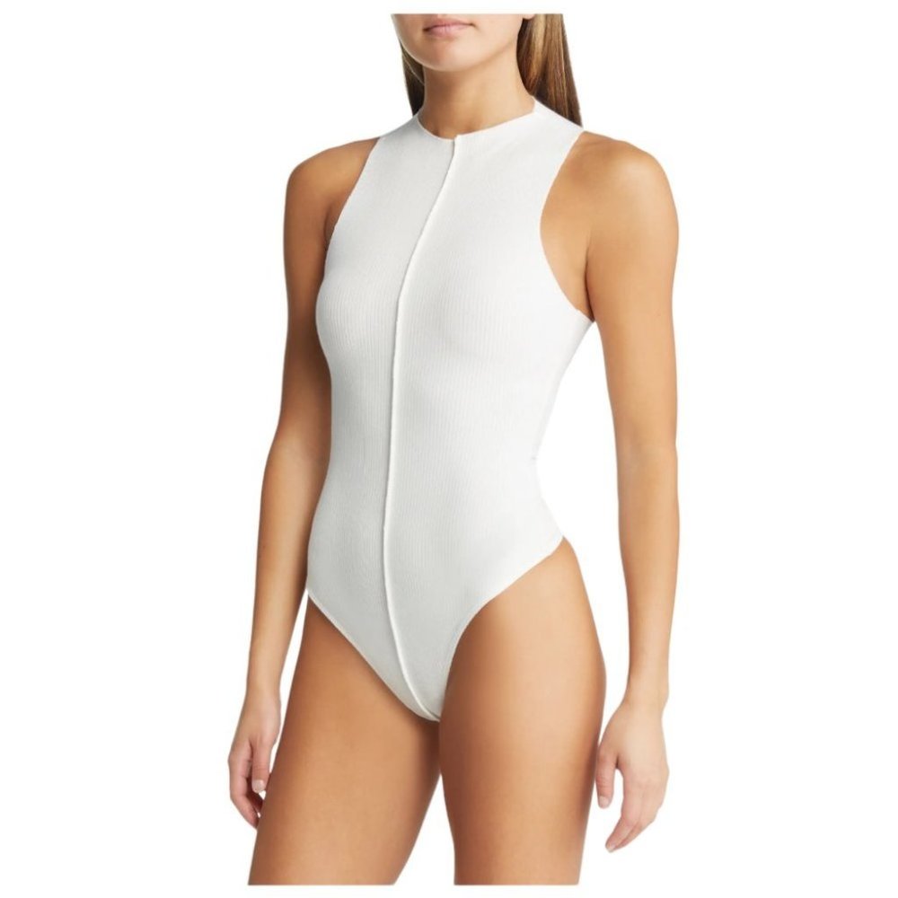 NWOT NAKED WARDROBE Naked Wardrobe Funnel Neck Rib Bodysuit in White (XL)